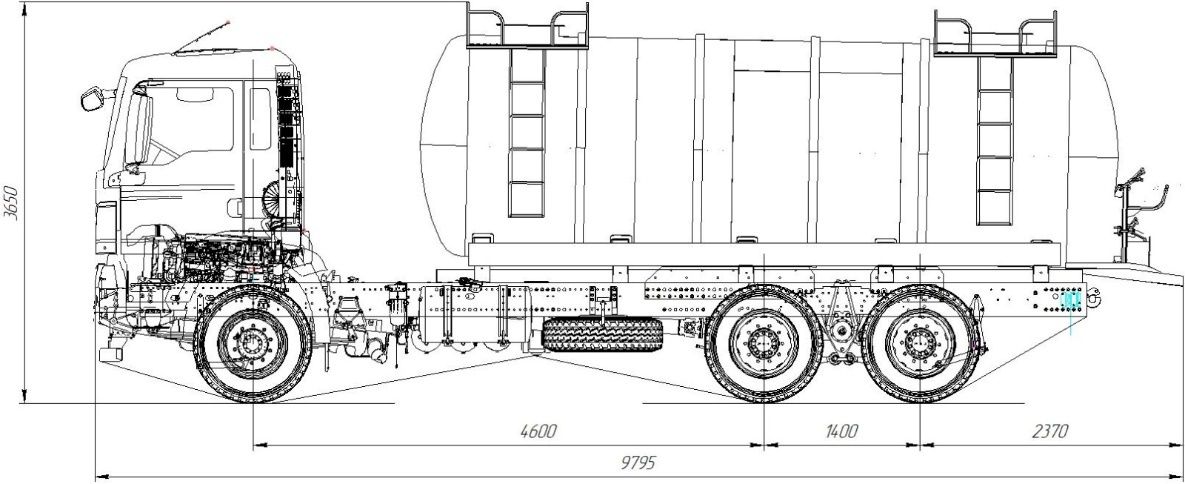 Чертеж вакуумной машины HOWO T5G 6x4 с размерами.